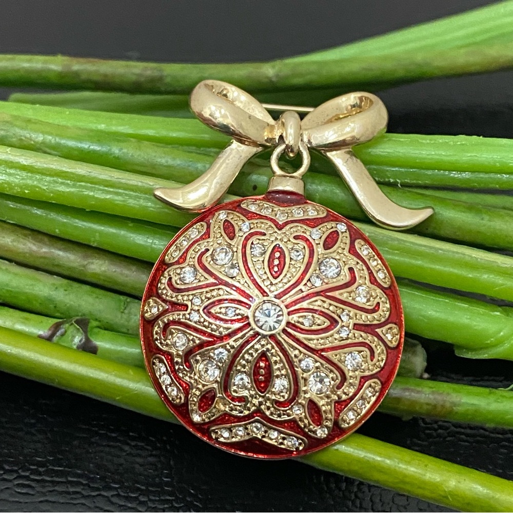 Vintage MONET Red Enamel Christmas Ball Ornament Brooch